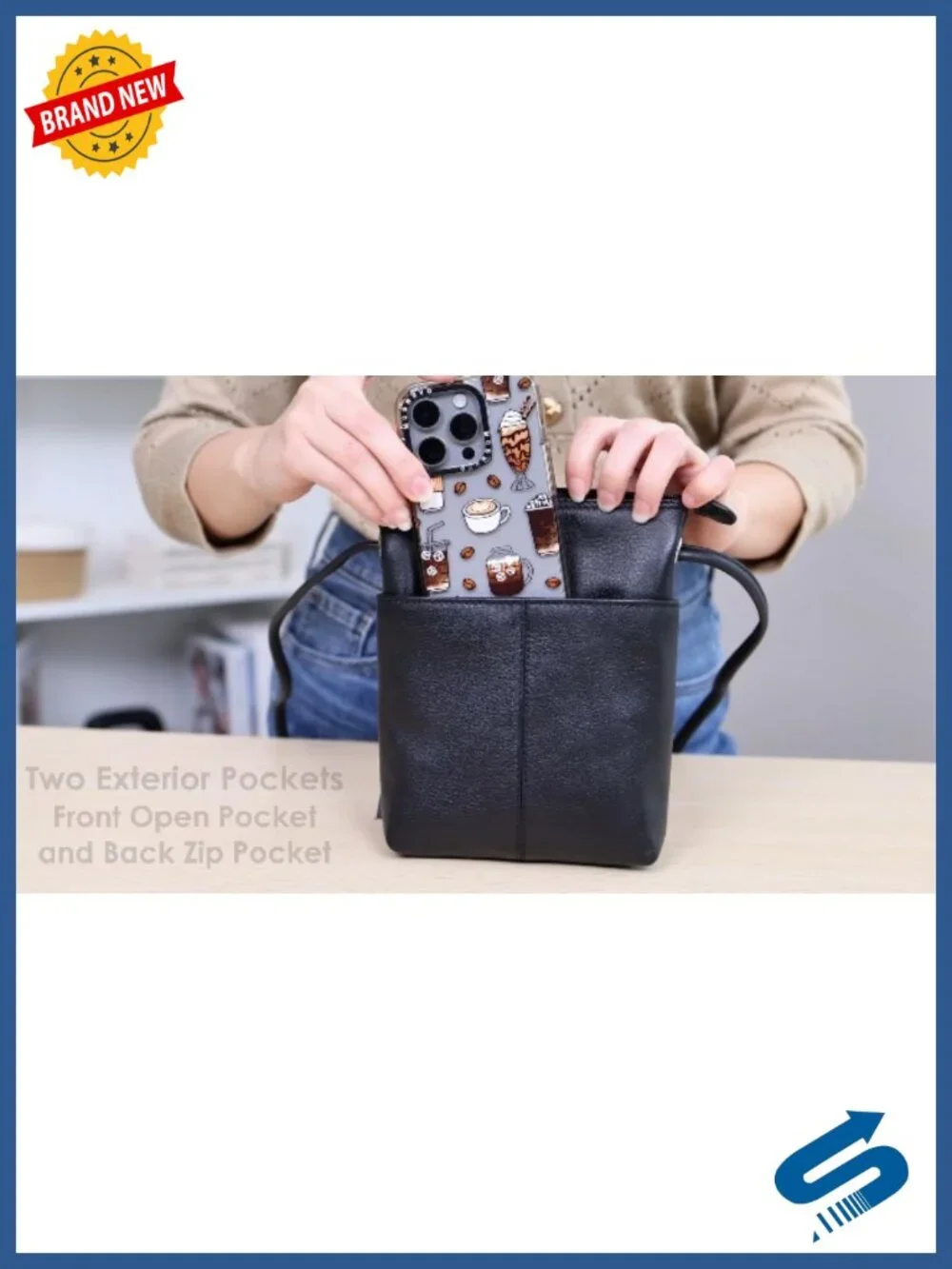 Genuine Leather Crossbody Bag with RFID Blocking, Adjustable Strap
